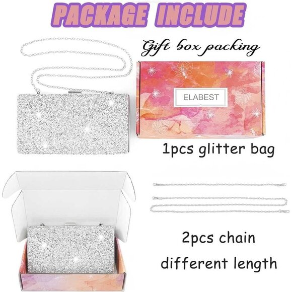 ⚡ Women\'s Glitter Double Sided Diamond Evening Clutch Crossbody Silver Bag